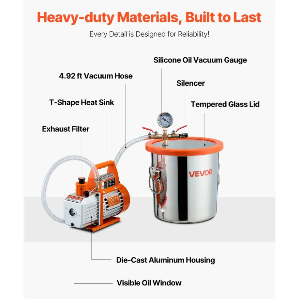 VEVOR 3 Gallon Vacuum Chamber with Pump, 3.5 CFM, Stainless Steel Degassing Chamber Kit, Single Stage Vacuum Pump, Tempered Glass Lid, 4.92 ft Hose, Oil, for Stabilizing Wood Degassing Silicone Resin