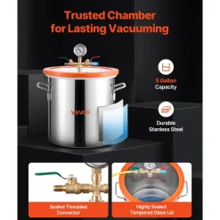 VEVOR 5 Gallon Vacuum Chamber with Pump, 3.5 CFM, Single Stage Vacuum Pump, Stainless Steel Degassing Chamber Kit with Tempered Glass Lid, 5 ft Hose, for Stabilizing Wood Degassing Silicone Resin