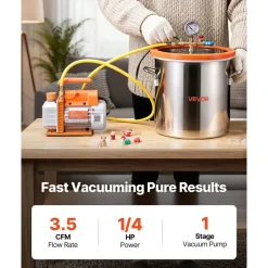 VEVOR 5 Gallon Vacuum Chamber with Pump, 3.5 CFM, Single Stage Vacuum Pump, Stainless Steel Degassing Chamber Kit with Tempered Glass Lid, 5 ft Hose, for Stabilizing Wood Degassing Silicone Resin