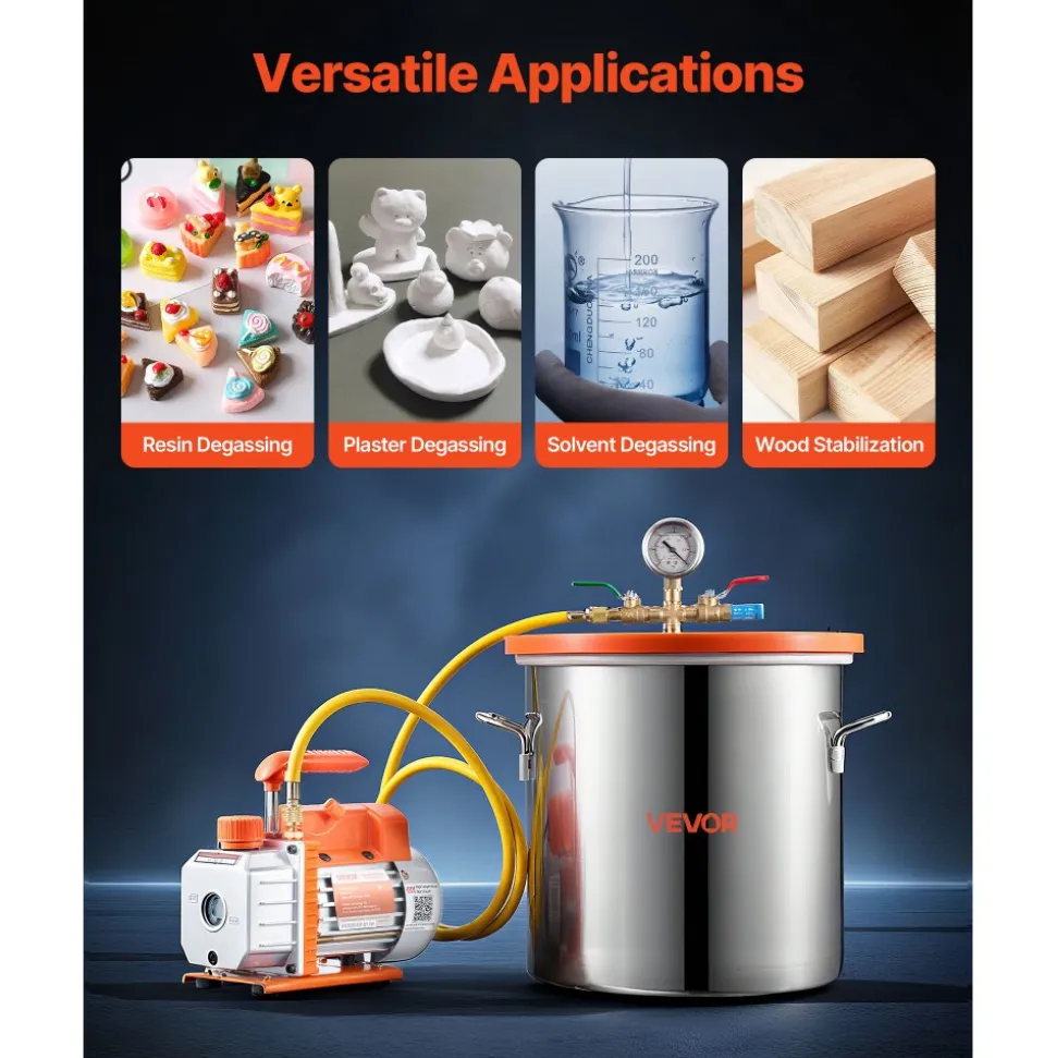 VEVOR 5 Gallon Vacuum Chamber with Pump, 3.5 CFM, Single Stage Vacuum Pump, Stainless Steel Degassing Chamber Kit with Tempered Glass Lid, 5 ft Hose, for Stabilizing Wood Degassing Silicone Resin