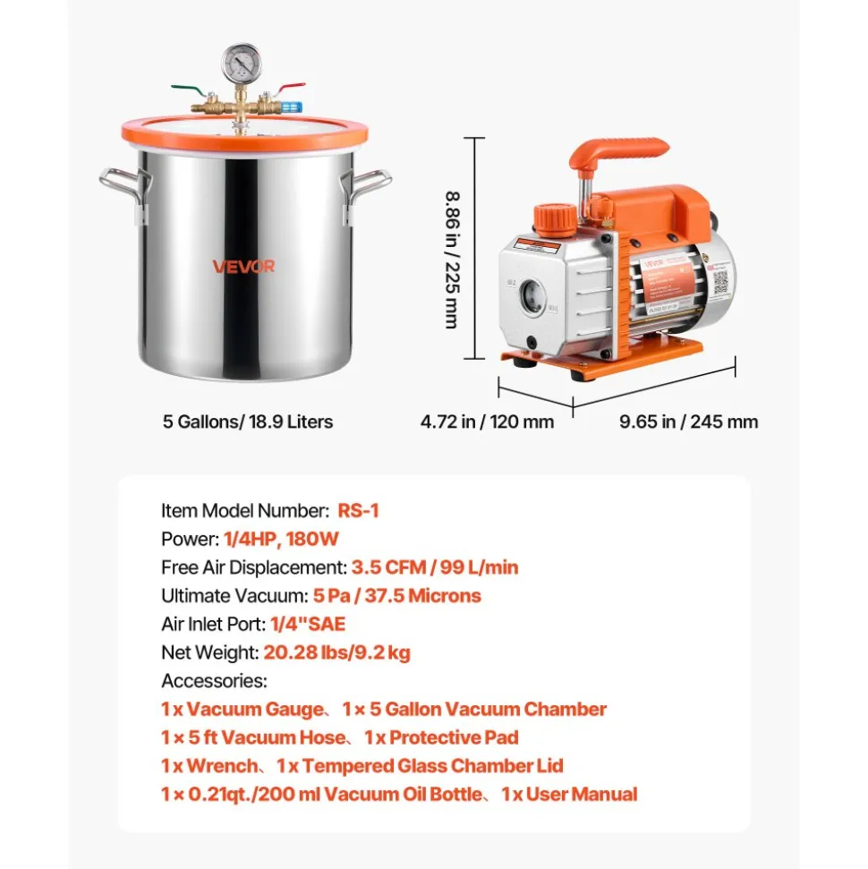 VEVOR 5 Gallon Vacuum Chamber with Pump, 3.5 CFM, Single Stage Vacuum Pump, Stainless Steel Degassing Chamber Kit with Tempered Glass Lid, 5 ft Hose, for Stabilizing Wood Degassing Silicone Resin