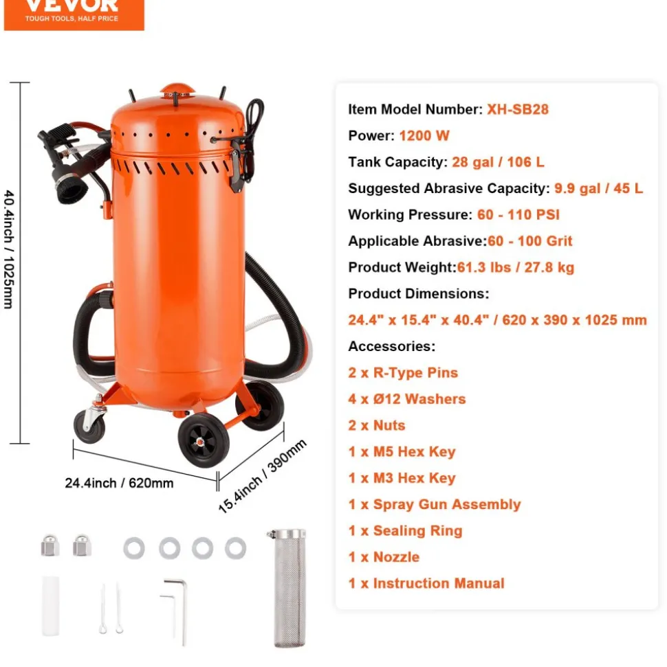 VEVOR 28 Gallon Vacuum Sand Blaster, Dustless Sandblaster with Built-in 1200W Vacuum System for Dust Control and Abrasive Recycle, 60-110 PSI Heavy Duty Abrasive Blasting Machine