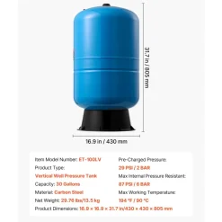 VEVOR 30-Gallon Vertical Well Pressure Tank, Pre-Charged Pressurized Water Tank for Well Pumps, Heavy-Duty Carbon Steel Water Storage Container for Home, School, Farm & Irrigation Systems