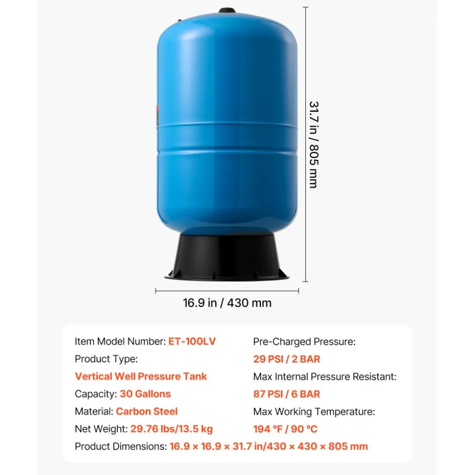 VEVOR 30-Gallon Vertical Well Pressure Tank, Pre-Charged Pressurized Water Tank for Well Pumps, Heavy-Duty Carbon Steel Water Storage Container for Home, School, Farm & Irrigation Systems