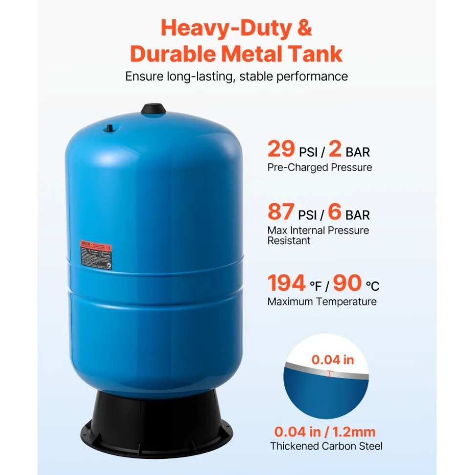 VEVOR 30-Gallon Vertical Well Pressure Tank, Pre-Charged Pressurized Water Tank for Well Pumps, Heavy-Duty Carbon Steel Water Storage Container for Home, School, Farm & Irrigation Systems