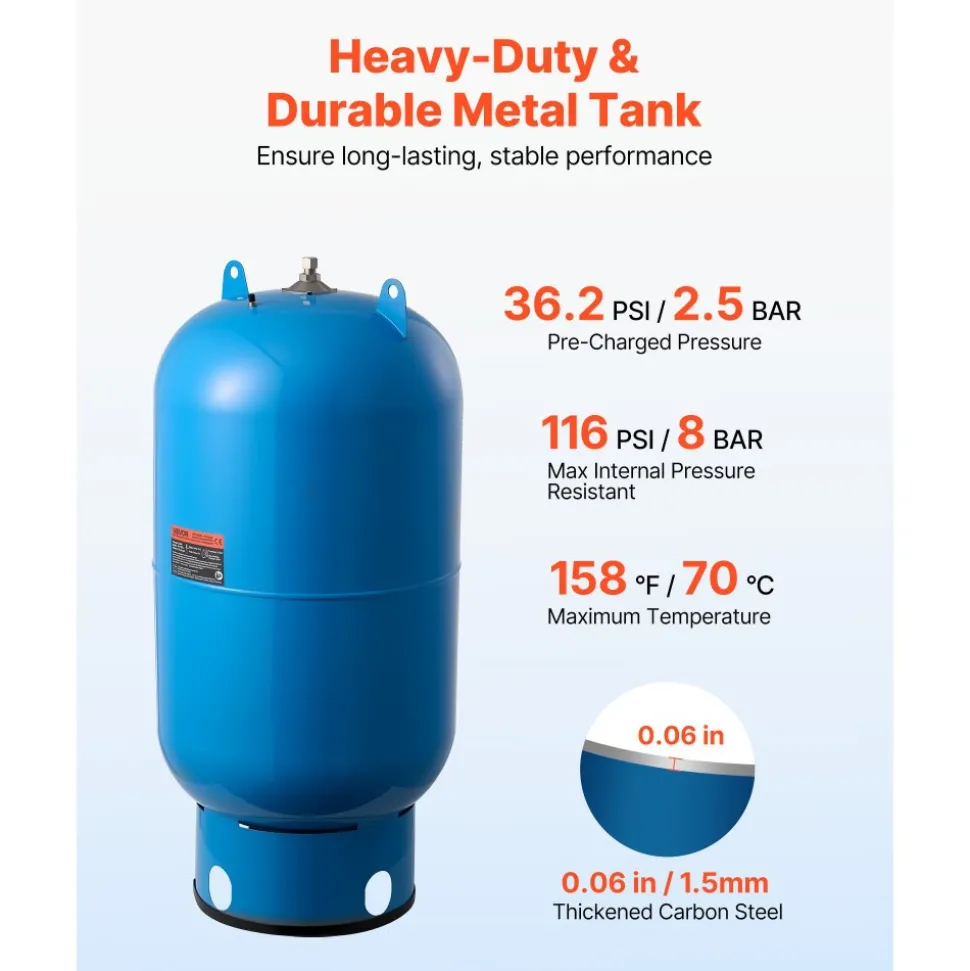 VEVOR 34-Gallon Vertical Well Pressure Tank, Pre-Charged Pressurized Water Tank for Well Pumps, Heavy-Duty Carbon Steel Water Storage Container for Home, School, Farm & Irrigation Systems