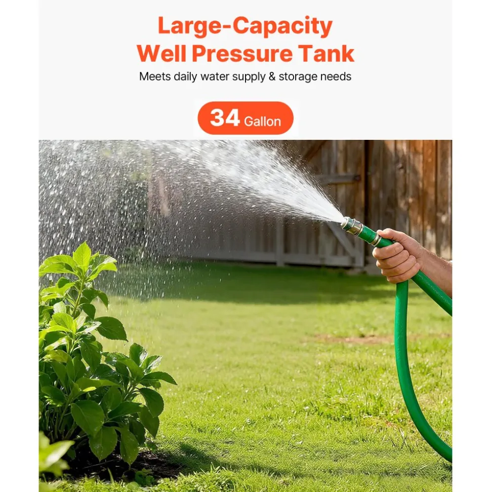 VEVOR 34-Gallon Vertical Well Pressure Tank, Pre-Charged Pressurized Water Tank for Well Pumps, Heavy-Duty Carbon Steel Water Storage Container for Home, School, Farm & Irrigation Systems