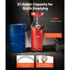 VEVOR 21 Gallon Waste Oil Drain Tank, Air Operated Portable Oil Drainer with Adjustable Funnel Height, Industrial Fluid Drain Tank with Wheels, Fluid Fuel Transfer Drainage for Auto Repair Shops, Red