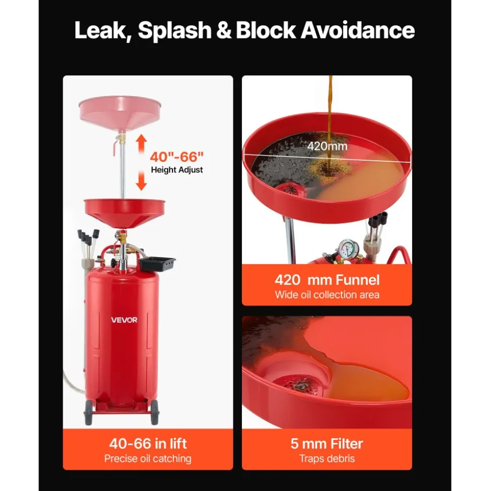 VEVOR 21 Gallon Waste Oil Drain Tank, Air Operated Portable Oil Drainer with Adjustable Funnel Height, Industrial Fluid Drain Tank with Wheels, Fluid Fuel Transfer Drainage for Auto Repair Shops, Red
