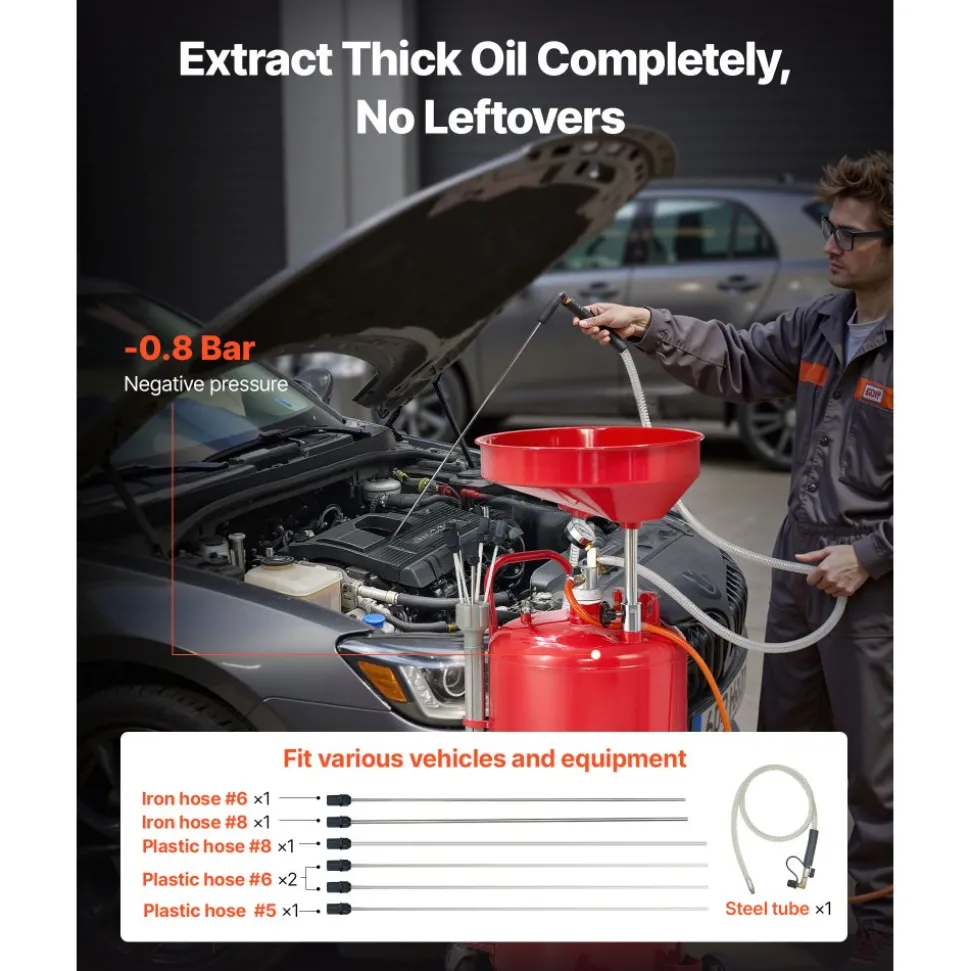 VEVOR 21 Gallon Waste Oil Drain Tank, Air Operated Portable Oil Drainer with Adjustable Funnel Height, Industrial Fluid Drain Tank with Wheels, Fluid Fuel Transfer Drainage for Auto Repair Shops, Red