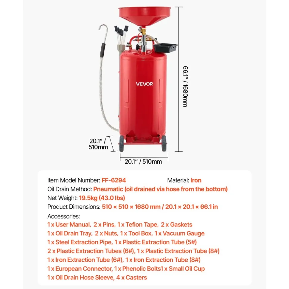 VEVOR 21 Gallon Waste Oil Drain Tank, Air Operated Portable Oil Drainer with Adjustable Funnel Height, Industrial Fluid Drain Tank with Wheels, Fluid Fuel Transfer Drainage for Auto Repair Shops, Red