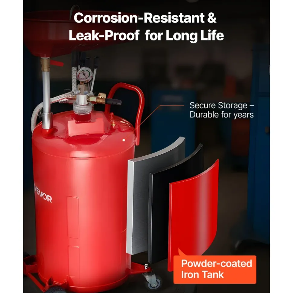 VEVOR 21 Gallon Waste Oil Drain Tank, Air Operated Portable Oil Drainer with Adjustable Funnel Height, Industrial Fluid Drain Tank with Wheels, Fluid Fuel Transfer Drainage for Auto Repair Shops, Red