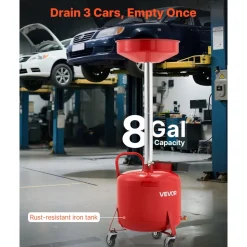 VEVOR 8 Gallon Waste Oil Drain Tank, Industrial Fluid Drain Tank with Adjustable Funnel Height, Portable Oil Drainer with Wheels & Toolbox, Fluid Fuel Transfer Drainage for Auto Repair Shops, Red
