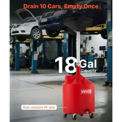 VEVOR 18 Gallon Waste Oil Drain Tank, Industrial Fluid Drain Tank with Adjustable Funnel Height, Portable Oil Drainer with Wheels, Fluid Fuel Transfer Drainage for Auto Repair Shops, Garages, Red