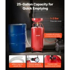 VEVOR 25 Gallon Waste Oil Drain Tank, Air Operated Portable Oil Drainer with Adjustable Funnel Height, Industrial Fluid Drain Tank with Wheels, Fluid Fuel Transfer Drainage for Auto Repair Shops, Red