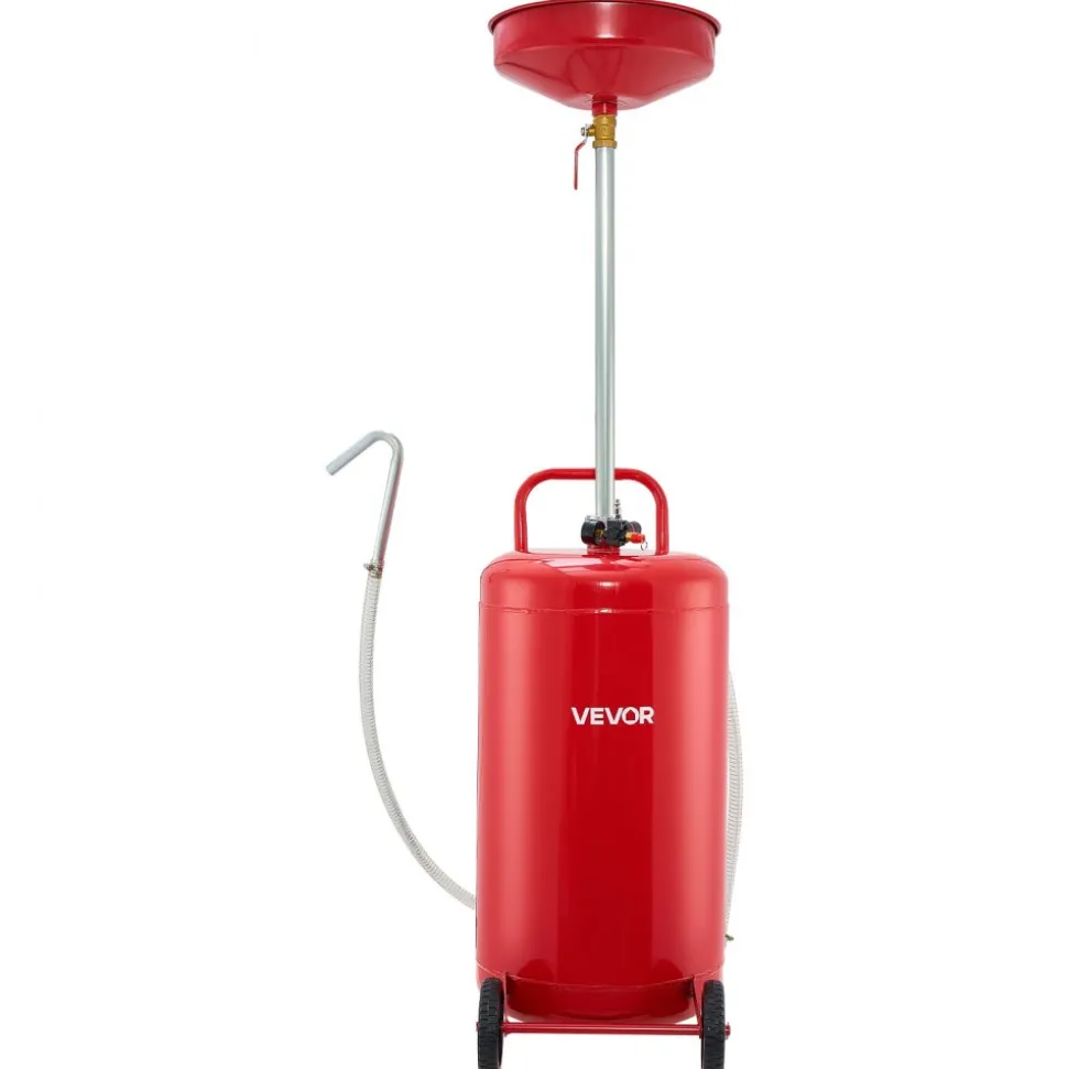 VEVOR 25 Gallon Waste Oil Drain Tank, Air Operated Portable Oil Drainer with Adjustable Funnel Height, Industrial Fluid Drain Tank with Wheels, Fluid Fuel Transfer Drainage for Auto Repair Shops, Red