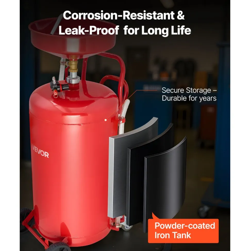 VEVOR 25 Gallon Waste Oil Drain Tank, Air Operated Portable Oil Drainer with Adjustable Funnel Height, Industrial Fluid Drain Tank with Wheels, Fluid Fuel Transfer Drainage for Auto Repair Shops, Red
