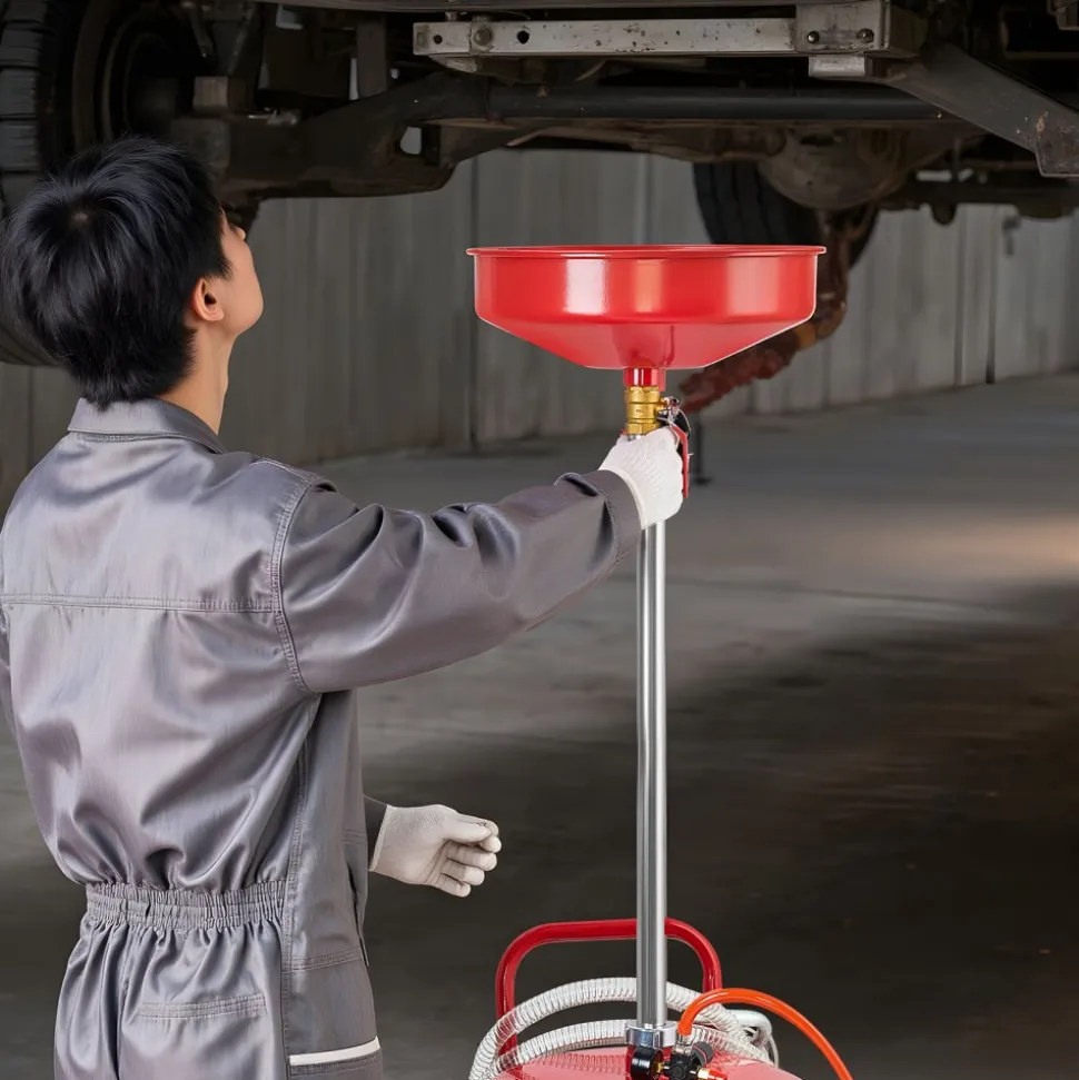 VEVOR 25 Gallon Waste Oil Drain Tank, Air Operated Portable Oil Drainer with Adjustable Funnel Height, Industrial Fluid Drain Tank with Wheels, Fluid Fuel Transfer Drainage for Auto Repair Shops, Red