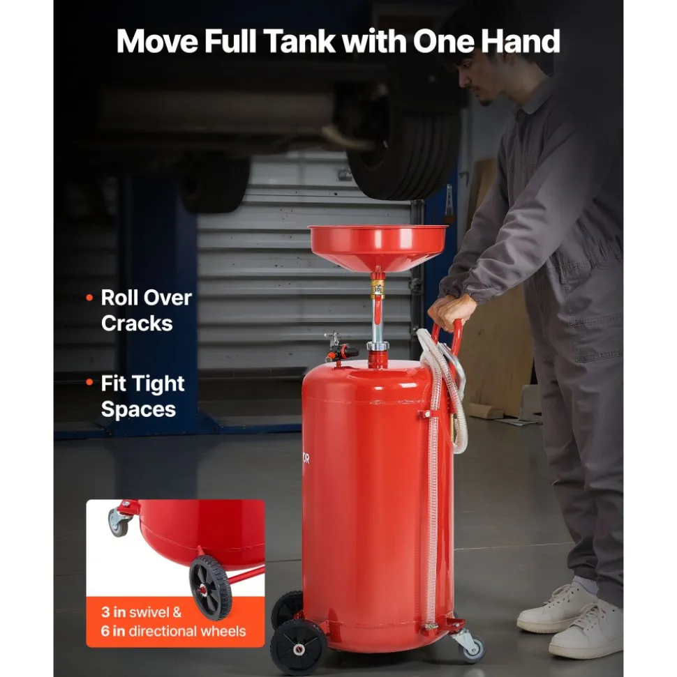 VEVOR 25 Gallon Waste Oil Drain Tank, Air Operated Portable Oil Drainer with Adjustable Funnel Height, Industrial Fluid Drain Tank with Wheels, Fluid Fuel Transfer Drainage for Auto Repair Shops, Red