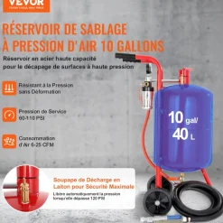 VEVOR 10Gal/40L Sandblaster Equipped with Nozzle Shut-Off Valve Pressure Gauge Ceramic Nozzle 2.5m Hose Filling Funnel Watertrap 6