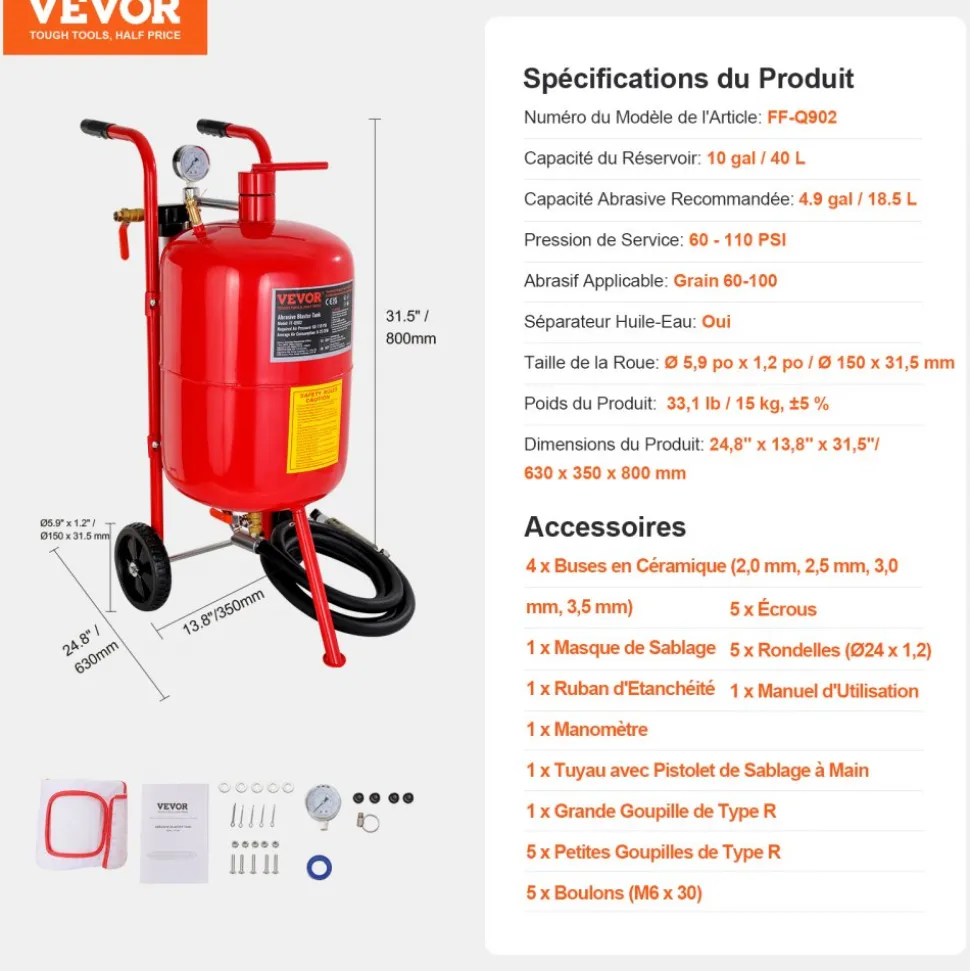 VEVOR 10Gal/40L Sandblaster Equipped with Nozzle Shut-Off Valve Pressure Gauge Ceramic Nozzle 2.5m Hose Filling Funnel Watertrap 6" Rubber Wheels Grit Power Sand Blasters Portable Sandblasting Equipm