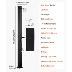 VEVOR 9.2 Gal Solar Heated Shower, 6.4ft Showerhead Height Outdoor Shower, with Foot Faucet & Soap Box Rack, Hot & Cold Water Adjustment, Freestanding for Backyard Poolside Beach Pool,Black