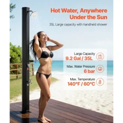 VEVOR 9.2 Gal Solar Heated Shower, 6.4ft Showerhead Height Outdoor Shower, with Foot Faucet & Soap Box Rack, Hot & Cold Water Adjustment, Freestanding for Backyard Poolside Beach Pool,Black