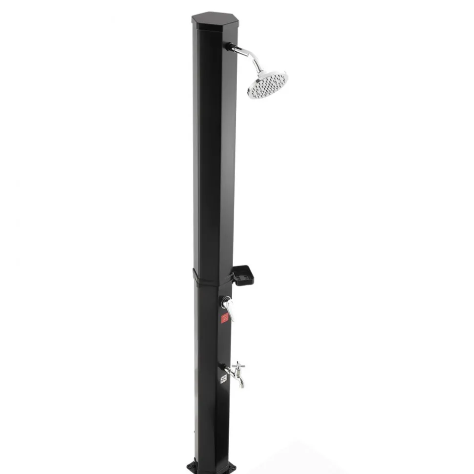 VEVOR 9.2 Gal Solar Heated Shower, 6.4ft Showerhead Height Outdoor Shower, with Foot Faucet & Soap Box Rack, Hot & Cold Water Adjustment, Freestanding for Backyard Poolside Beach Pool,Black
