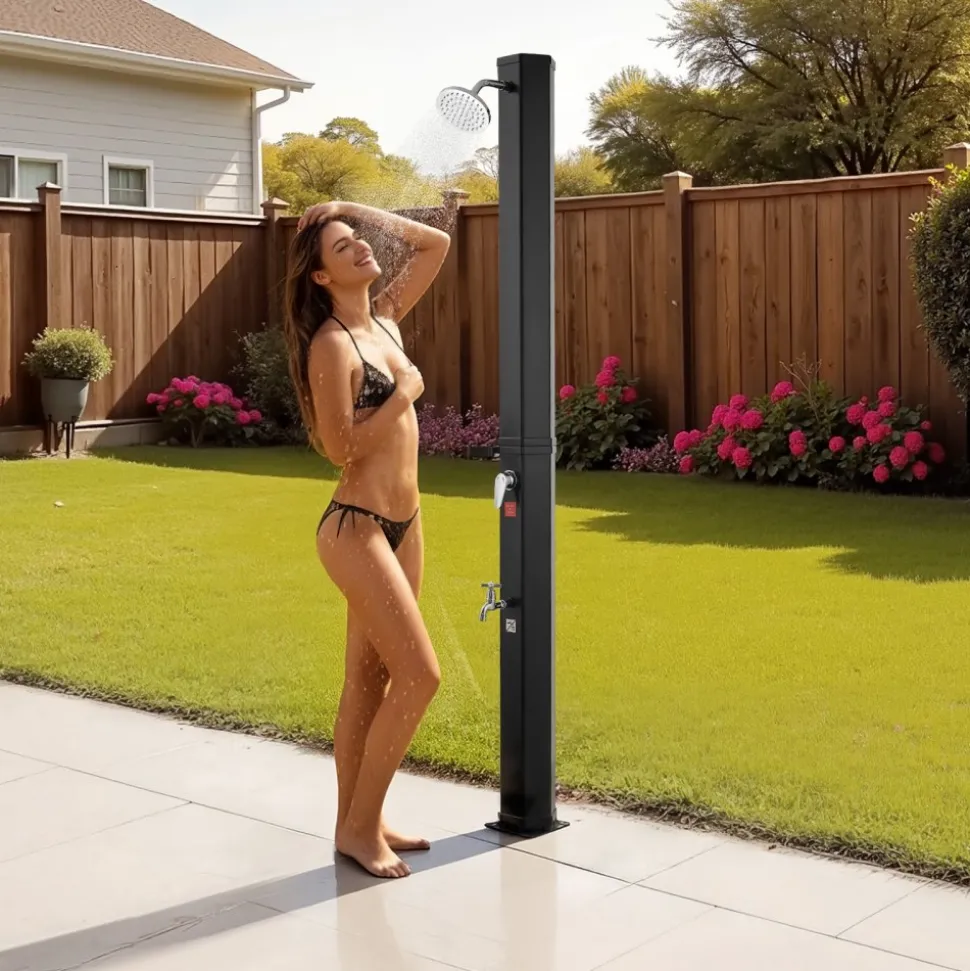 VEVOR 9.2 Gal Solar Heated Shower, 6.4ft Showerhead Height Outdoor Shower, with Foot Faucet & Soap Box Rack, Hot & Cold Water Adjustment, Freestanding for Backyard Poolside Beach Pool,Black