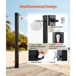 VEVOR 9.2 Gal Solar Heated Shower, 6.4ft Showerhead Height Outdoor Shower, with Foot Faucet & Soap Box Rack, Hot & Cold Water Adjustment, Freestanding for Backyard Poolside Beach Pool,Black