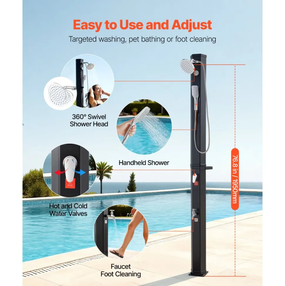 VEVOR 10.6 Gal Solar Heated Shower, 6.7ft Showerhead Height Outdoor Shower, with Handheld & Foot Faucet, Hot & Cold Water Adjustment, Freestanding for Backyard Poolside Beach Pool, Black
