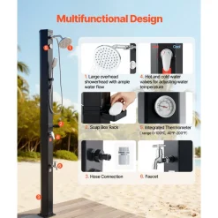 VEVOR 10.6 Gal Solar Heated Shower, 6.7ft Showerhead Height Outdoor Shower, with Handheld & Foot Faucet, Hot & Cold Water Adjustment, Freestanding for Backyard Poolside Beach Pool, Black