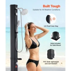 VEVOR 10.6 Gal Solar Heated Shower, 6.7ft Showerhead Height Outdoor Shower, with Handheld & Foot Faucet, Hot & Cold Water Adjustment, Freestanding for Backyard Poolside Beach Pool, Black