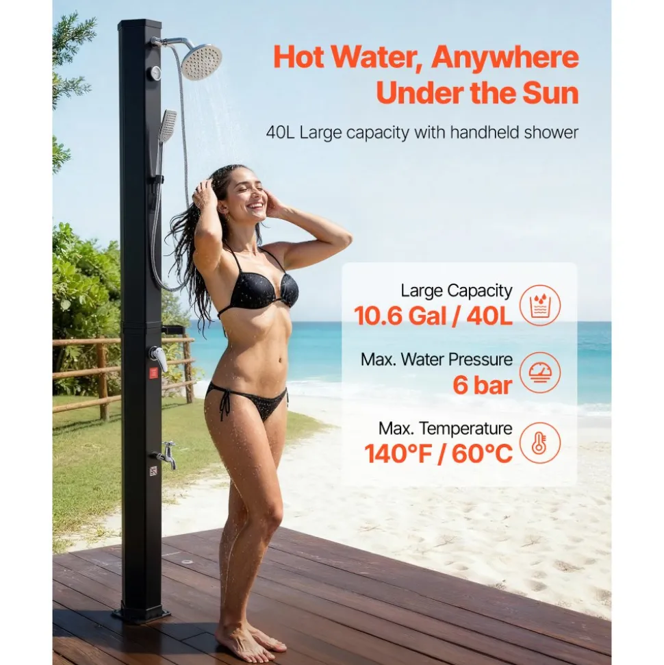 VEVOR 10.6 Gal Solar Heated Shower, 6.7ft Showerhead Height Outdoor Shower, with Handheld & Foot Faucet, Hot & Cold Water Adjustment, Freestanding for Backyard Poolside Beach Pool, Black