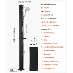 VEVOR 10.6 Gal Solar Heated Shower, 6.7ft Showerhead Height Outdoor Shower, with Handheld & Foot Faucet, Hot & Cold Water Adjustment, Freestanding for Backyard Poolside Beach Pool, Black
