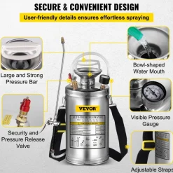 VEVOR 1.5Gal Stainless Steel Sprayer, Set with 16" Wand& Handle& 3.3FT Reinforced Hose, Hand Pump Sprayer with Pressure Gauge&Safety Valve, Adjustable Nozzle Suitable for Gardening& Sanitizing