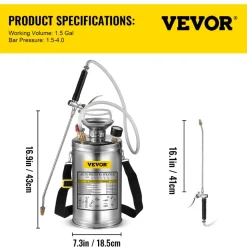 VEVOR 1.5Gal Stainless Steel Sprayer, Set with 16
