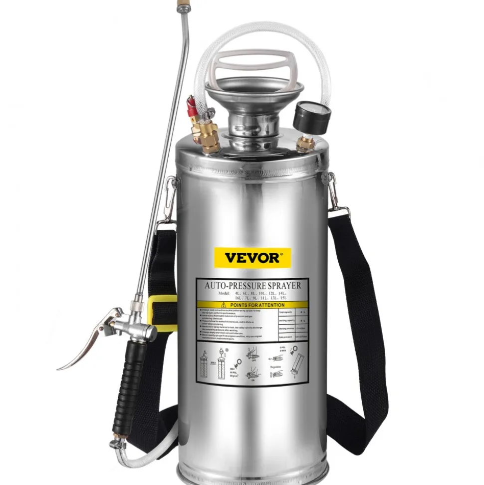 VEVOR 2Gal Stainless Steel Sprayer, Set with 20" Wand& Handle& 3FT Reinforced Hose, Hand Pump Sprayer with Pressure Gauge&Safety Valve, Adjustable Nozzle Suitable for Gardening and Sanitizing