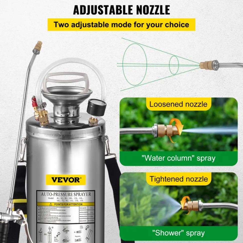 VEVOR 2Gal Stainless Steel Sprayer, Set with 20" Wand& Handle& 3FT Reinforced Hose, Hand Pump Sprayer with Pressure Gauge&Safety Valve, Adjustable Nozzle Suitable for Gardening and Sanitizing