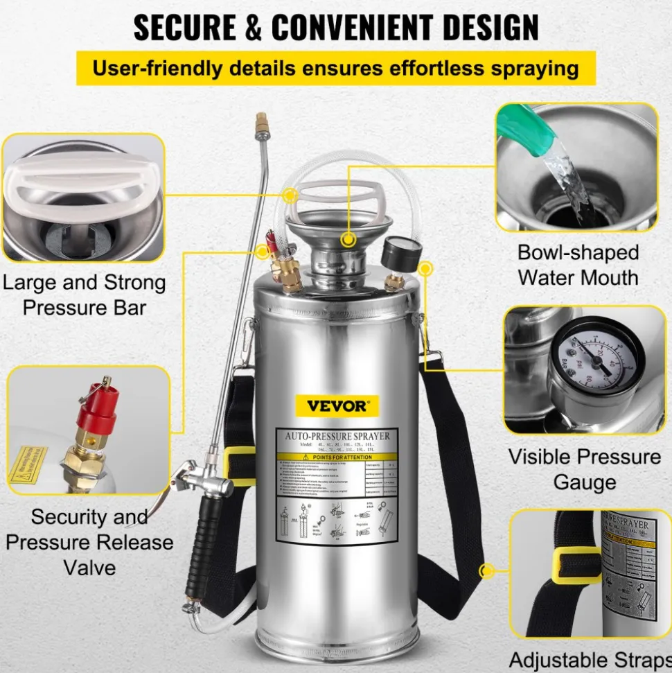 VEVOR 2Gal Stainless Steel Sprayer, Set with 20" Wand& Handle& 3FT Reinforced Hose, Hand Pump Sprayer with Pressure Gauge&Safety Valve, Adjustable Nozzle Suitable for Gardening and Sanitizing