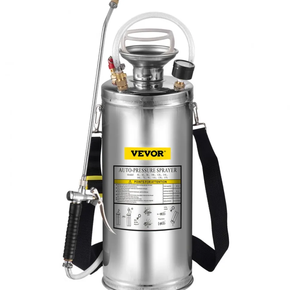 VEVOR 2Gal Stainless Steel Sprayer, Set with 20" Wand& Handle& 3FT Reinforced Hose, Hand Pump Sprayer with Pressure Gauge&Safety Valve, Adjustable Nozzle Suitable for Gardening and Sanitizing