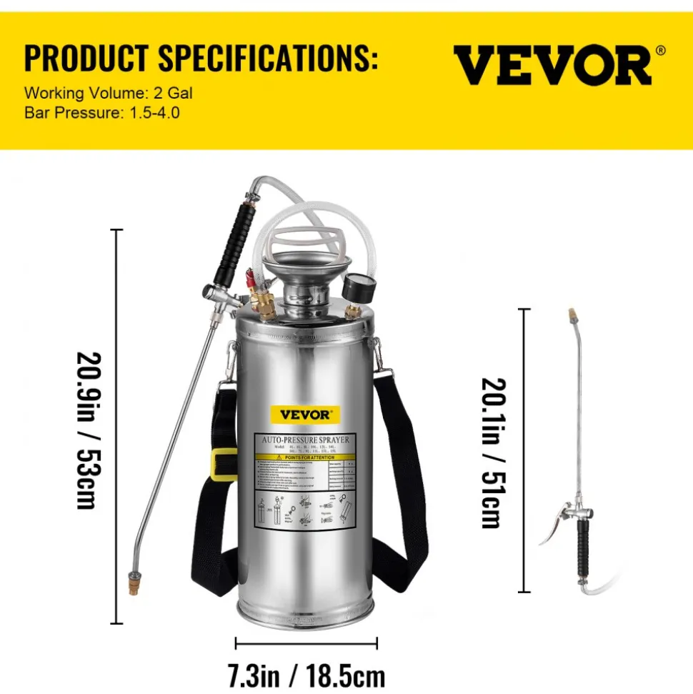 VEVOR 2Gal Stainless Steel Sprayer, Set with 20" Wand& Handle& 3FT Reinforced Hose, Hand Pump Sprayer with Pressure Gauge&Safety Valve, Adjustable Nozzle Suitable for Gardening and Sanitizing