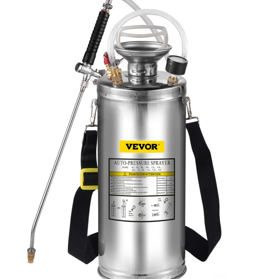 VEVOR 2Gal Stainless Steel Sprayer, Set with 20" Wand& Handle& 3FT Reinforced Hose, Hand Pump Sprayer with Pressure Gauge&Safety Valve, Adjustable Nozzle Suitable for Gardening and Sanitizing
