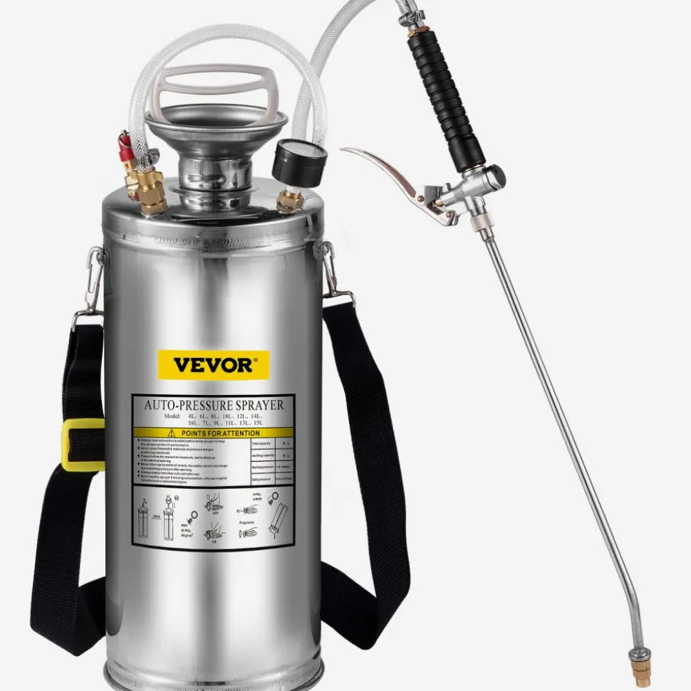 VEVOR 2Gal Stainless Steel Sprayer, Set with 20" Wand& Handle& 3FT Reinforced Hose, Hand Pump Sprayer with Pressure Gauge&Safety Valve, Adjustable Nozzle Suitable for Gardening and Sanitizing