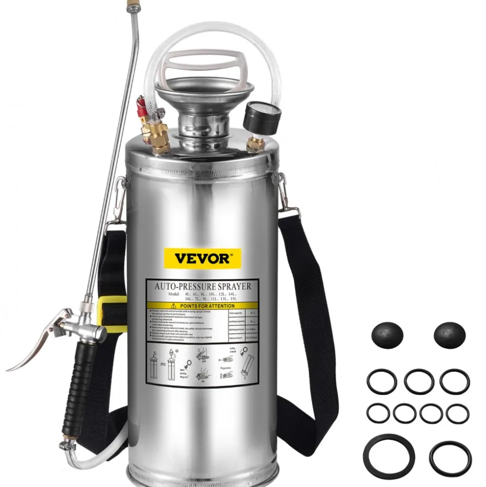 VEVOR 2Gal Stainless Steel Sprayer, Set with 20" Wand& Handle& 3FT Reinforced Hose, Hand Pump Sprayer with Pressure Gauge&Safety Valve, Adjustable Nozzle Suitable for Gardening and Sanitizing