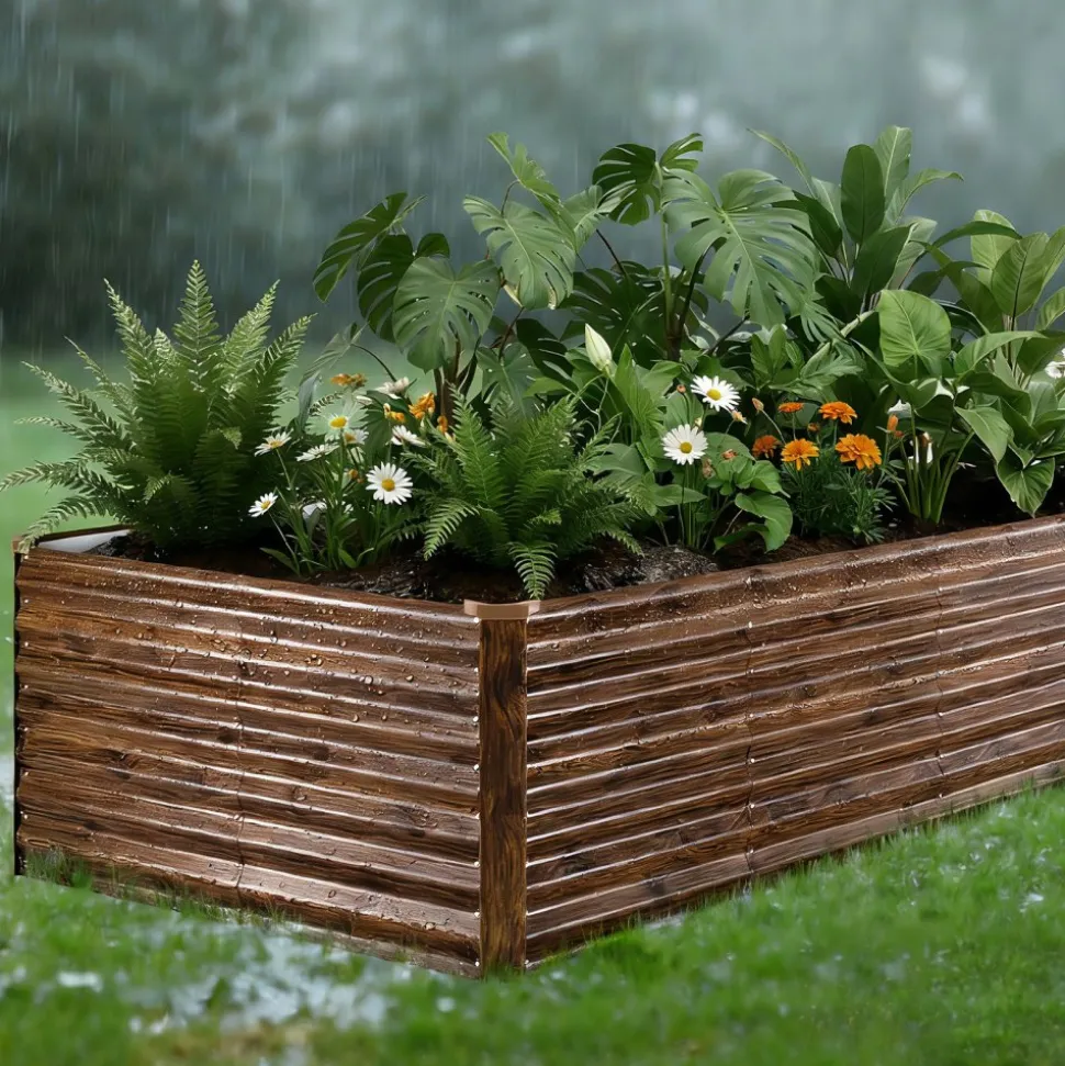 VEVOR Galvanized Raised Garden Bed, 8 x 4 x 2 ft, Rectangular Metal Planter Box Kit Outdoor, Bottomless Elevated Planting Box with Gloves, Alu-Zinc, for Growing Flowers Vegetables, Deep Wood Grain