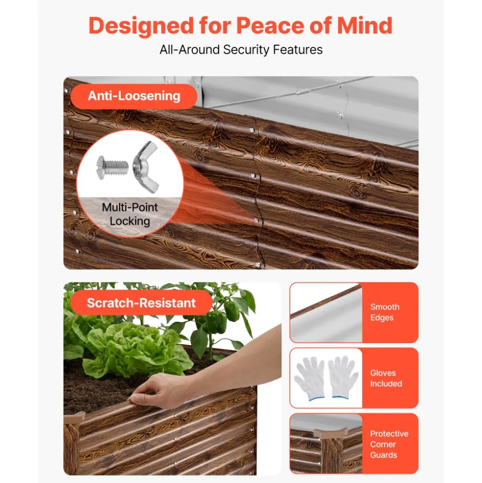 VEVOR Galvanized Raised Garden Bed, 8 x 4 x 2 ft, Rectangular Metal Planter Box Kit Outdoor, Bottomless Elevated Planting Box with Gloves, Alu-Zinc, for Growing Flowers Vegetables, Deep Wood Grain
