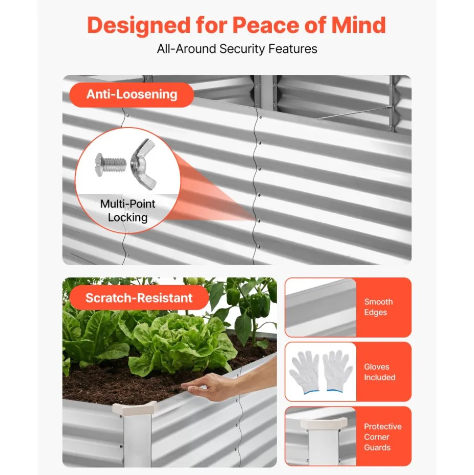 VEVOR Galvanized Raised Garden Bed, 8 x 4 x 3 ft, Rectangular Metal Planter Box Kit Outdoor, Bottomless Elevated Planting Box with Gloves, Rustproof Alu-Zinc, for Growing Flowers Vegetables, Silver