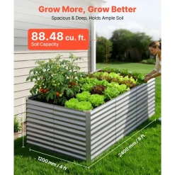 VEVOR Galvanized Raised Garden Bed, 8 x 4 x 3 ft, Rectangular Metal Planter Box Kit Outdoor, Bottomless Elevated Planting Box with Gloves, Rustproof Alu-Zinc, for Growing Flowers Vegetables, Silver