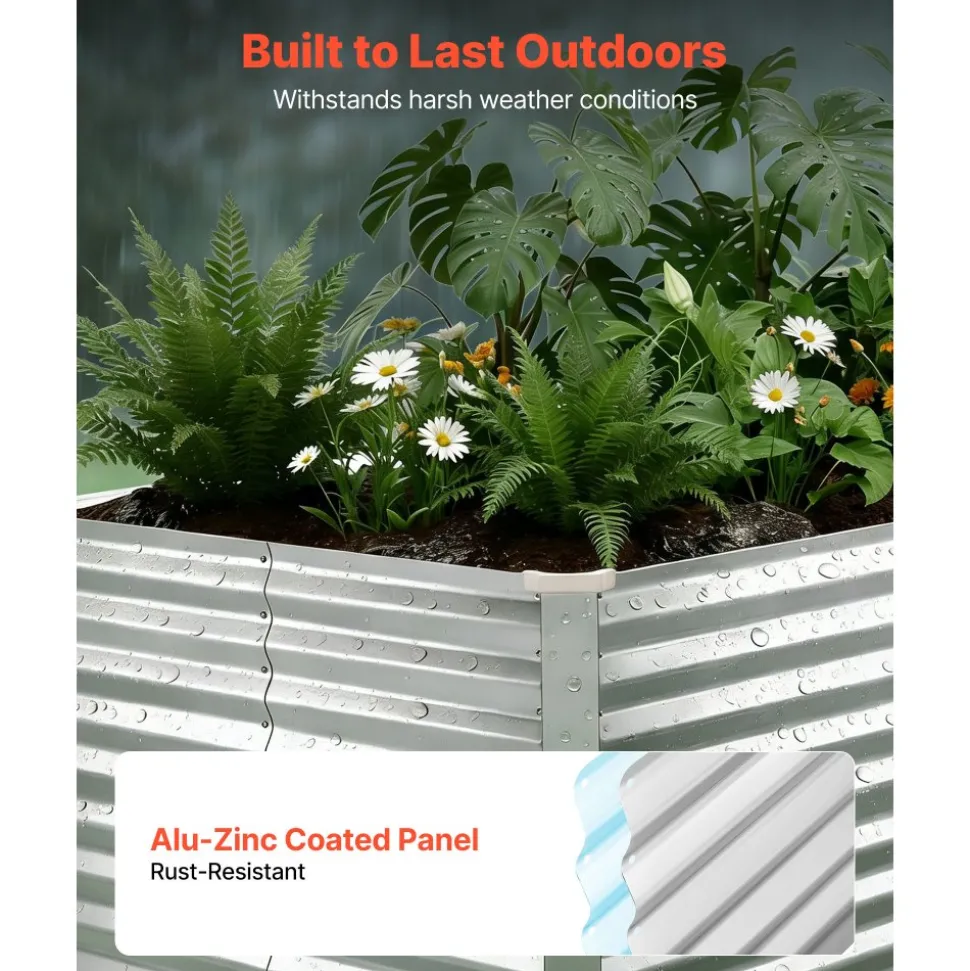 VEVOR Galvanized Raised Garden Bed, 8 x 4 x 3 ft, Rectangular Metal Planter Box Kit Outdoor, Bottomless Elevated Planting Box with Gloves, Rustproof Alu-Zinc, for Growing Flowers Vegetables, Silver